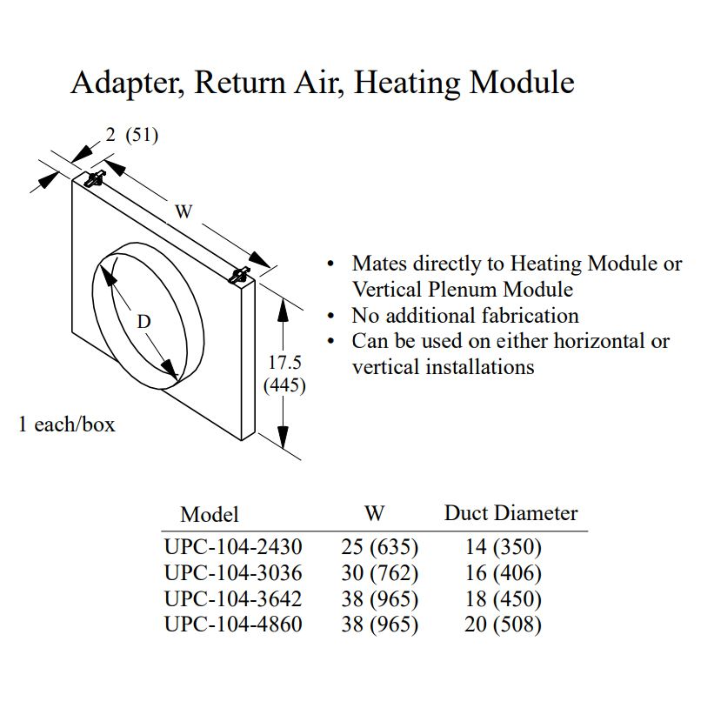 UPC-104-2430 Unico Duct System Return Air Adapter for Heating Module 14" Duct, Fits 2430