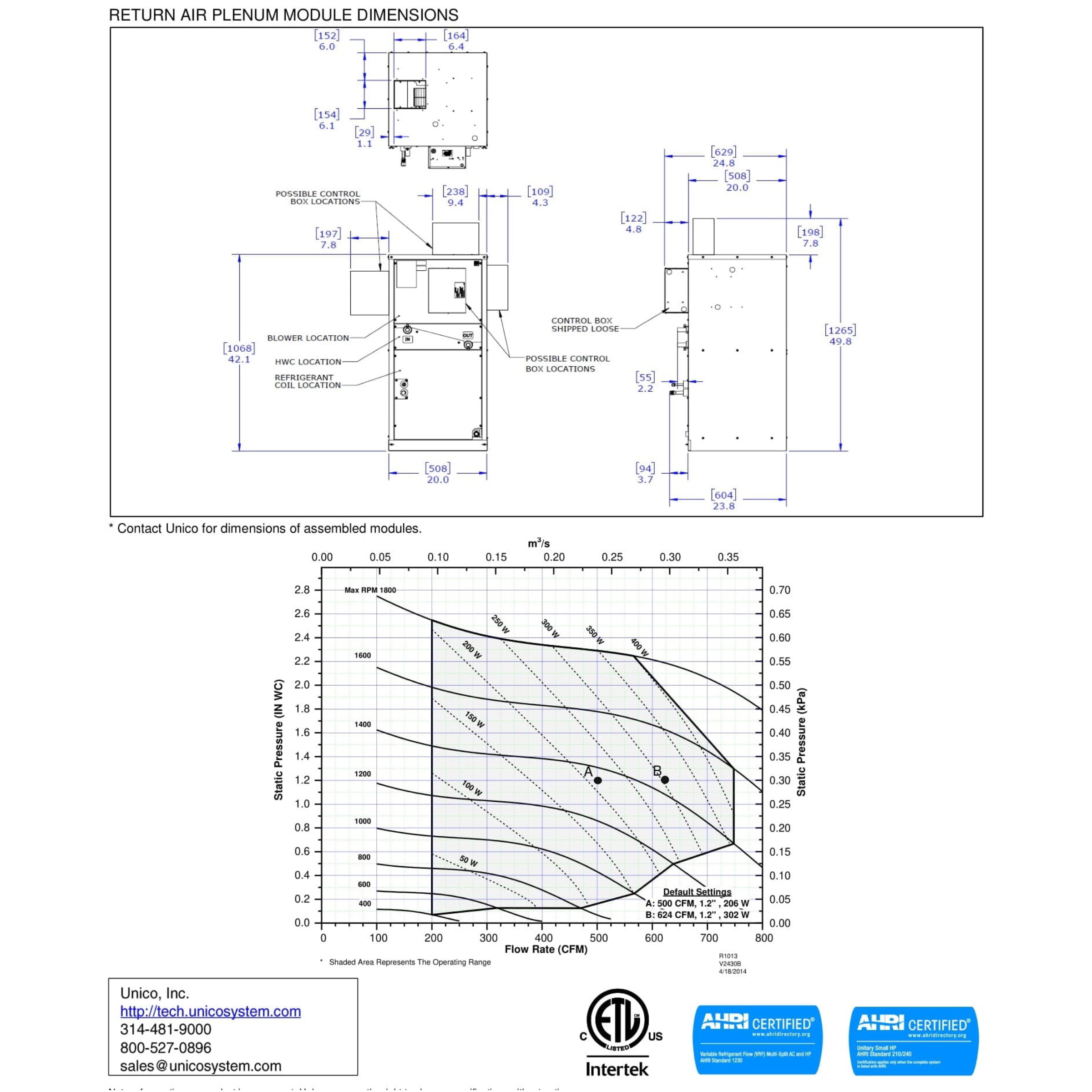 V2430B-1EC2BX Unico V-Series 2430 Model Vertical AHU 2.0 - 2.5 Ton, 30,000 BTU/h, 208/230 Variable Speed, AC/Heat Pump Coil, 3-Row with R410A TXV, NoHot Water Coil