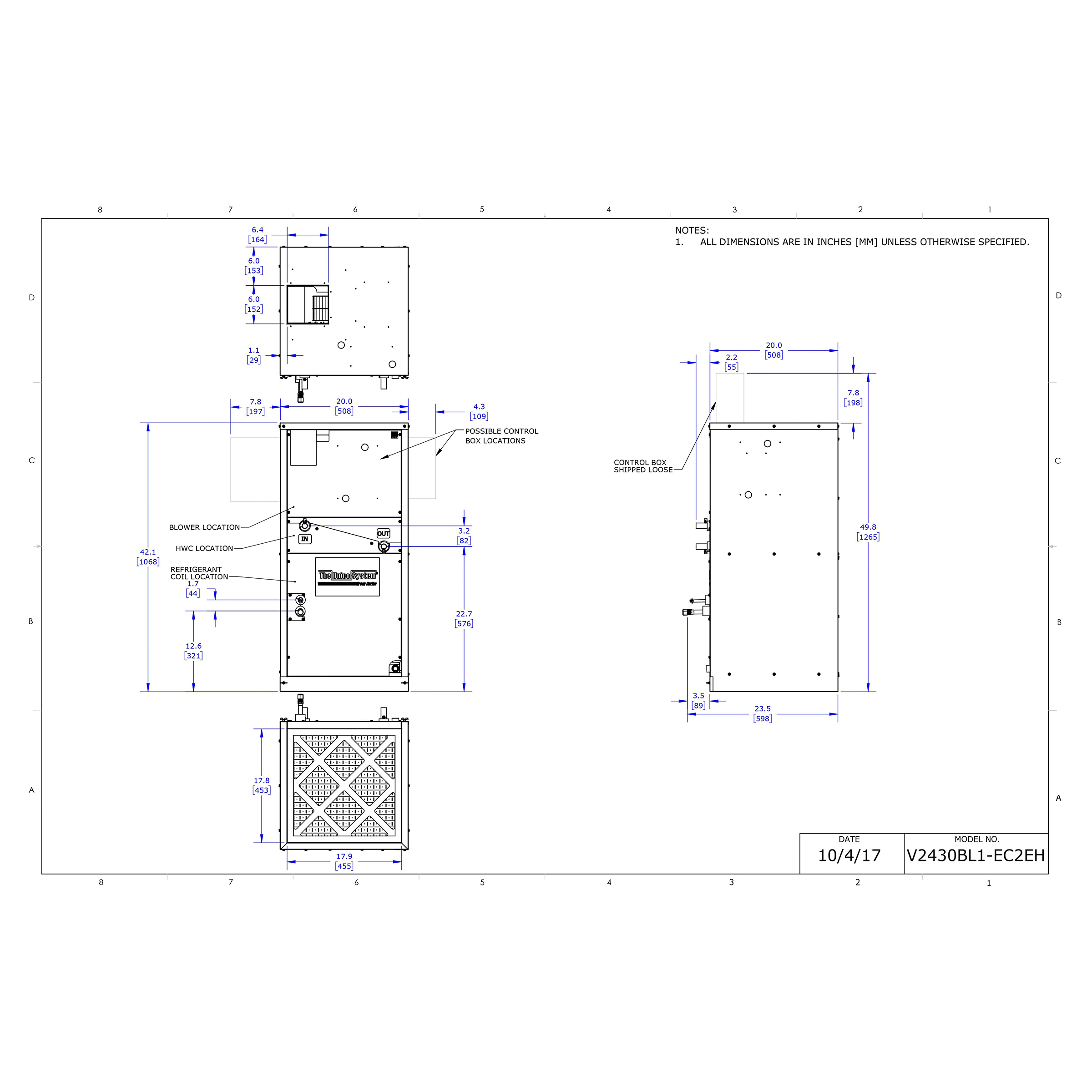 V2430B-1EC2EH Unico V-Series 2430 Model Vertical Air Handler Unit 2.0 - 2.5-Ton, 30,000 BTU/hr, 208/230 Variable Speed, AC/Heat Pump Coil, 4-Row with R410A TXV with Hot Water Coil