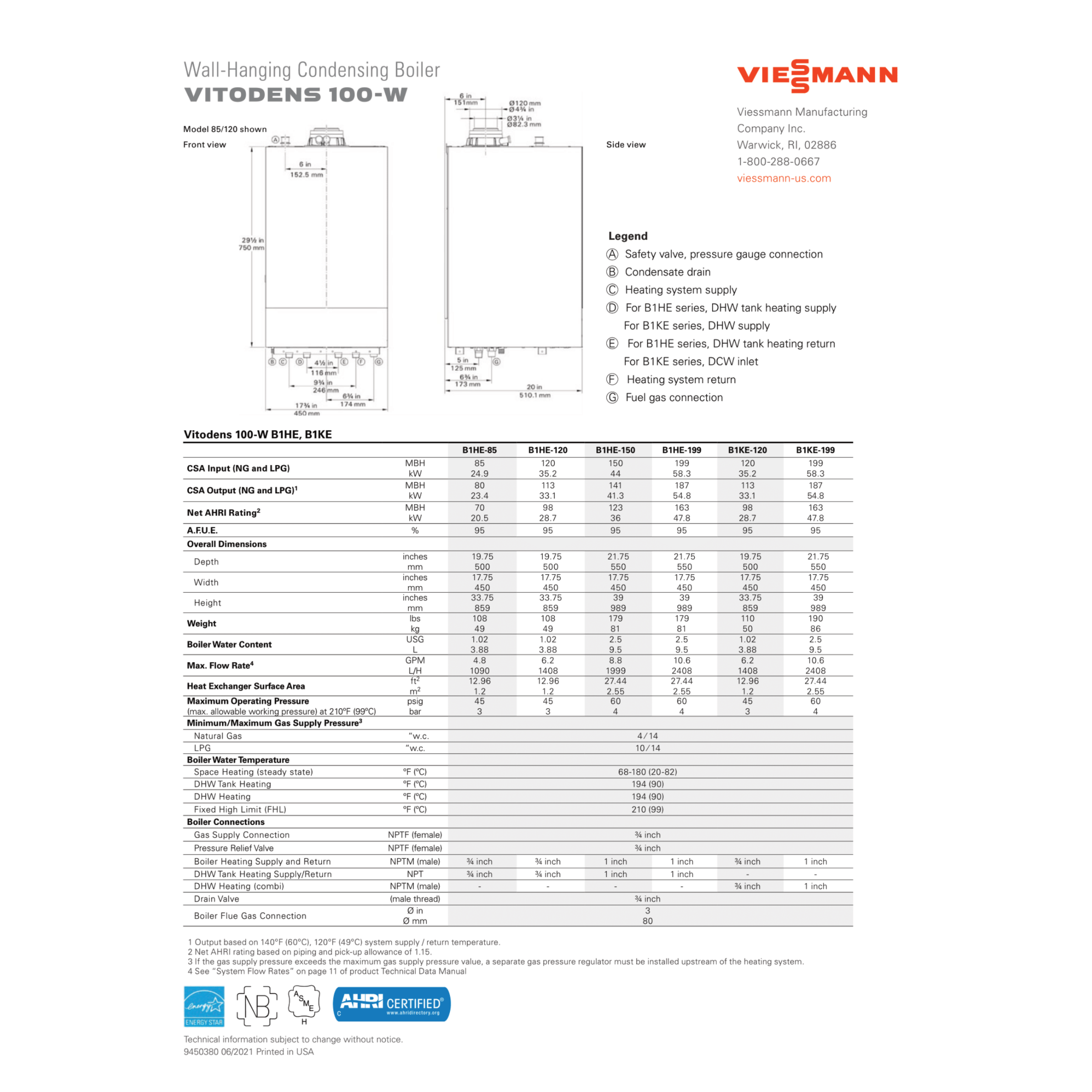 Viessmann B1HE150, VITODENS100-W Series Wall Hung Stainless Steel Condensing Gas Boiler 150 MBH
