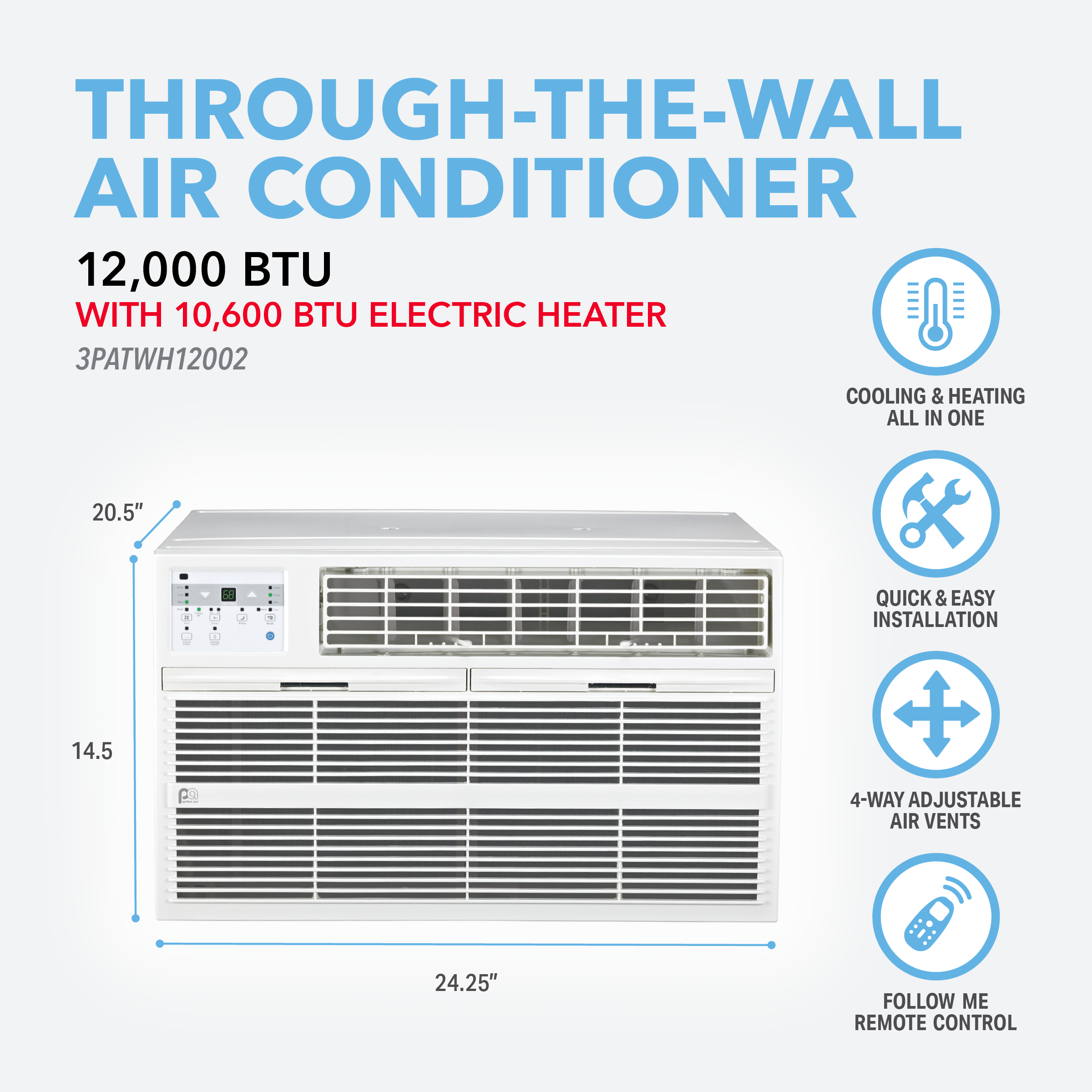 3PATWH12002 Perfect Aire 12,000 BTU Thru-the-Wall Air Conditioner with Electric Heater, Sq. ft: 450-550 Coverage, With Remote Control