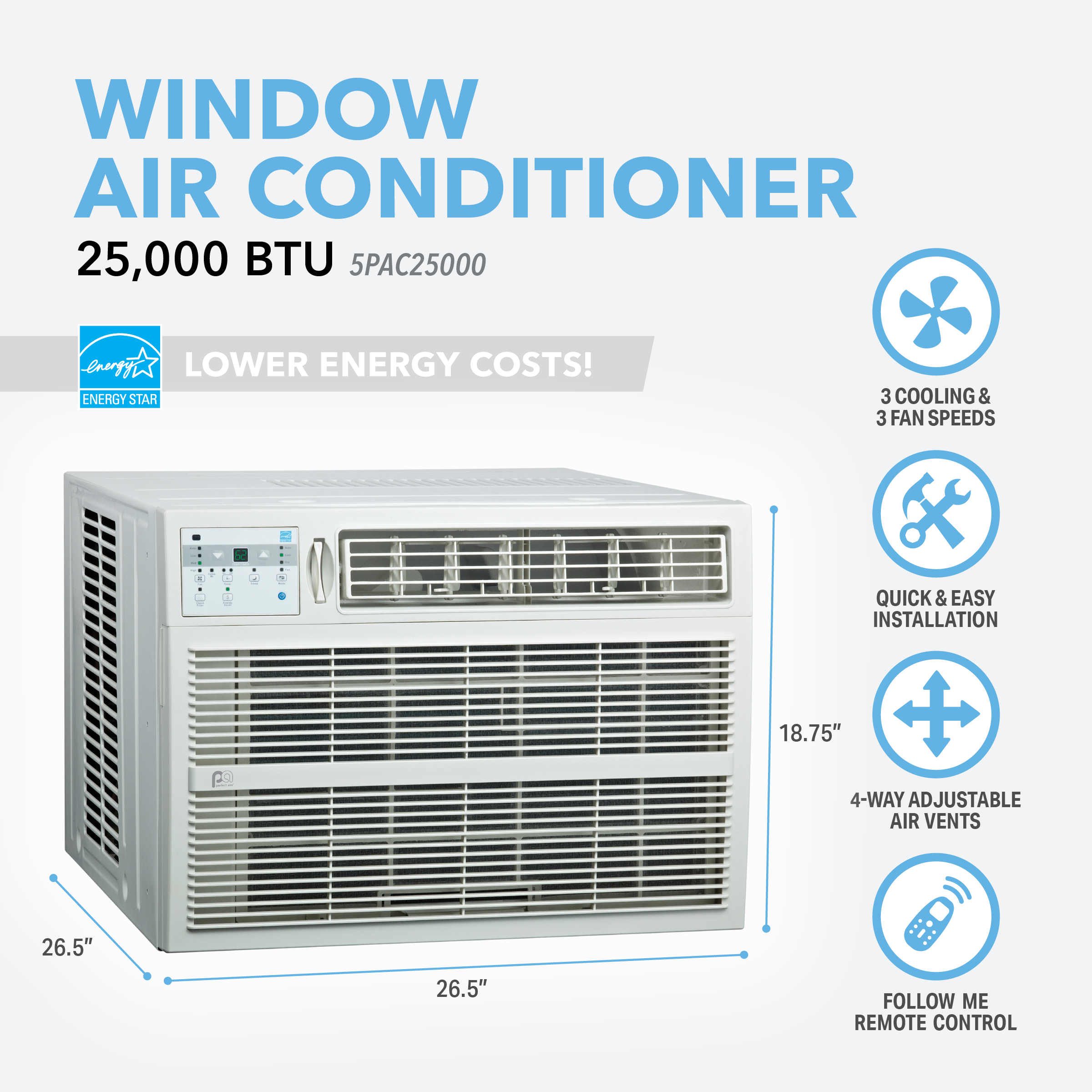 5PAC25000 Perfect Aire 25,000 BTU ENERGY STAR Window Room Air Conditioner, Sq. ft: 1,400-1,500 Coverage, With Remote Control