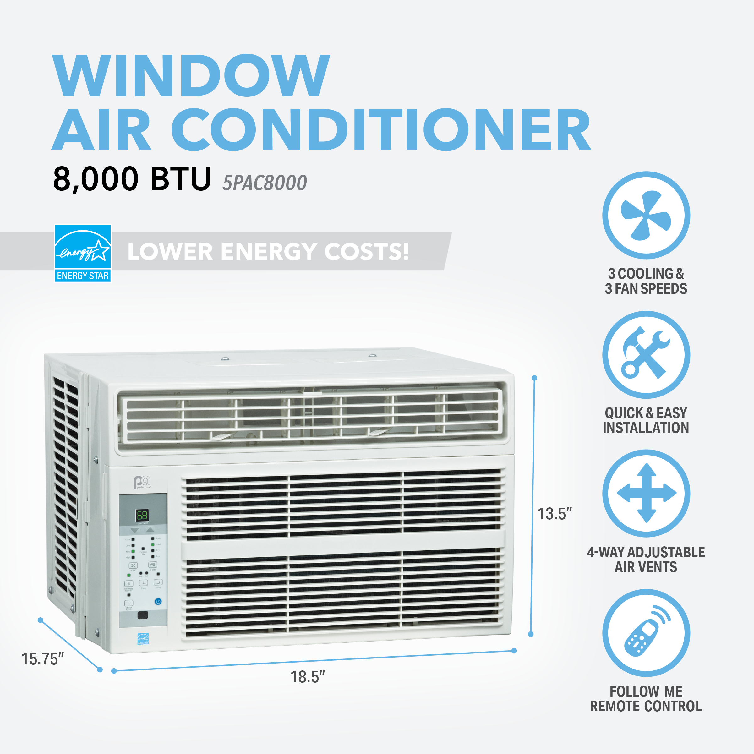 5PAC8000 Perfect Aire 8,000 BTU ENERGY STAR Window Room Air Conditioner, Sq. ft: 300-350 Coverage, With Remote Control