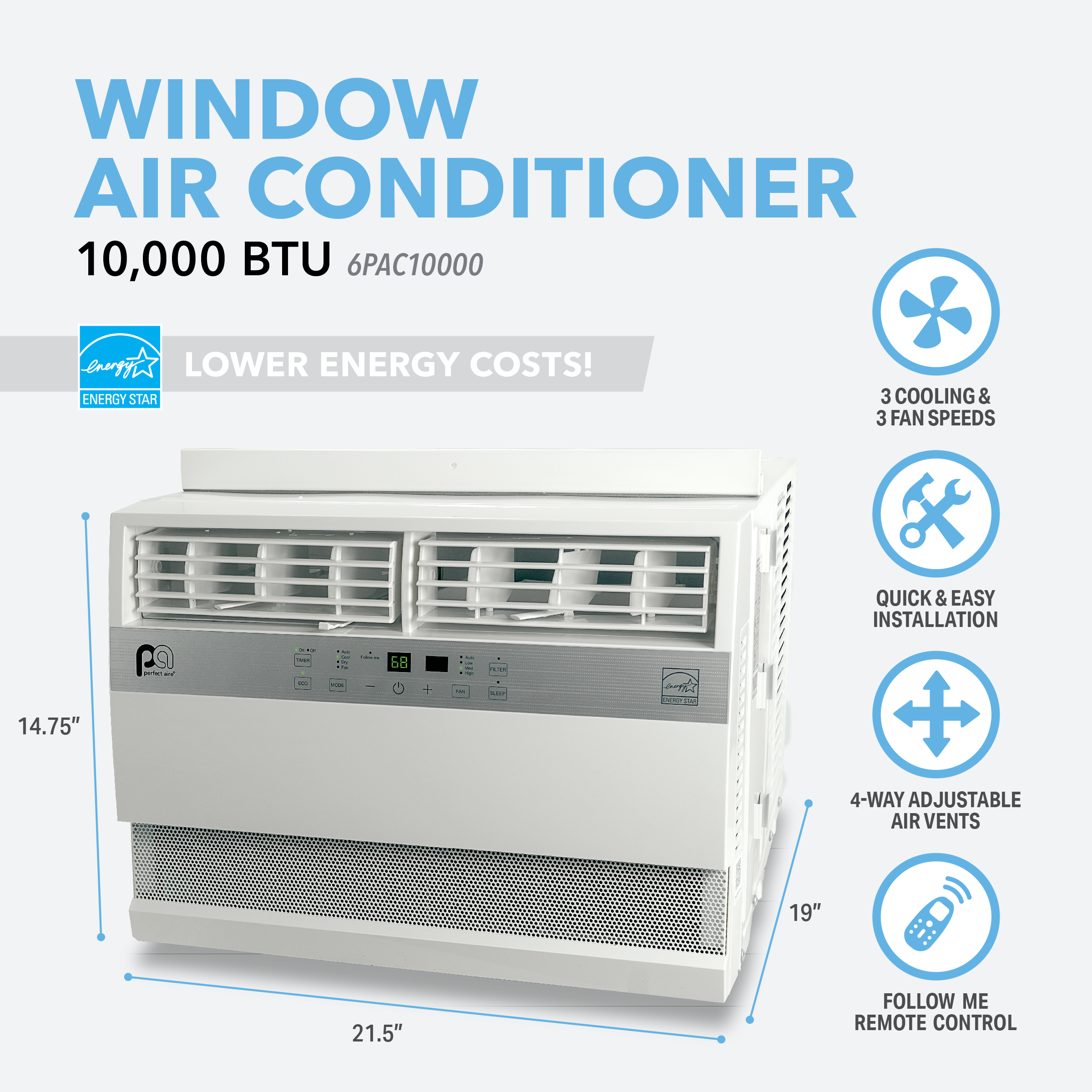 6PAC10000 Perfect Aire 10,000 BTU Flat Panel Window Room Air Conditioner, Sq. ft: 400-450 Coverage, With Remote Control